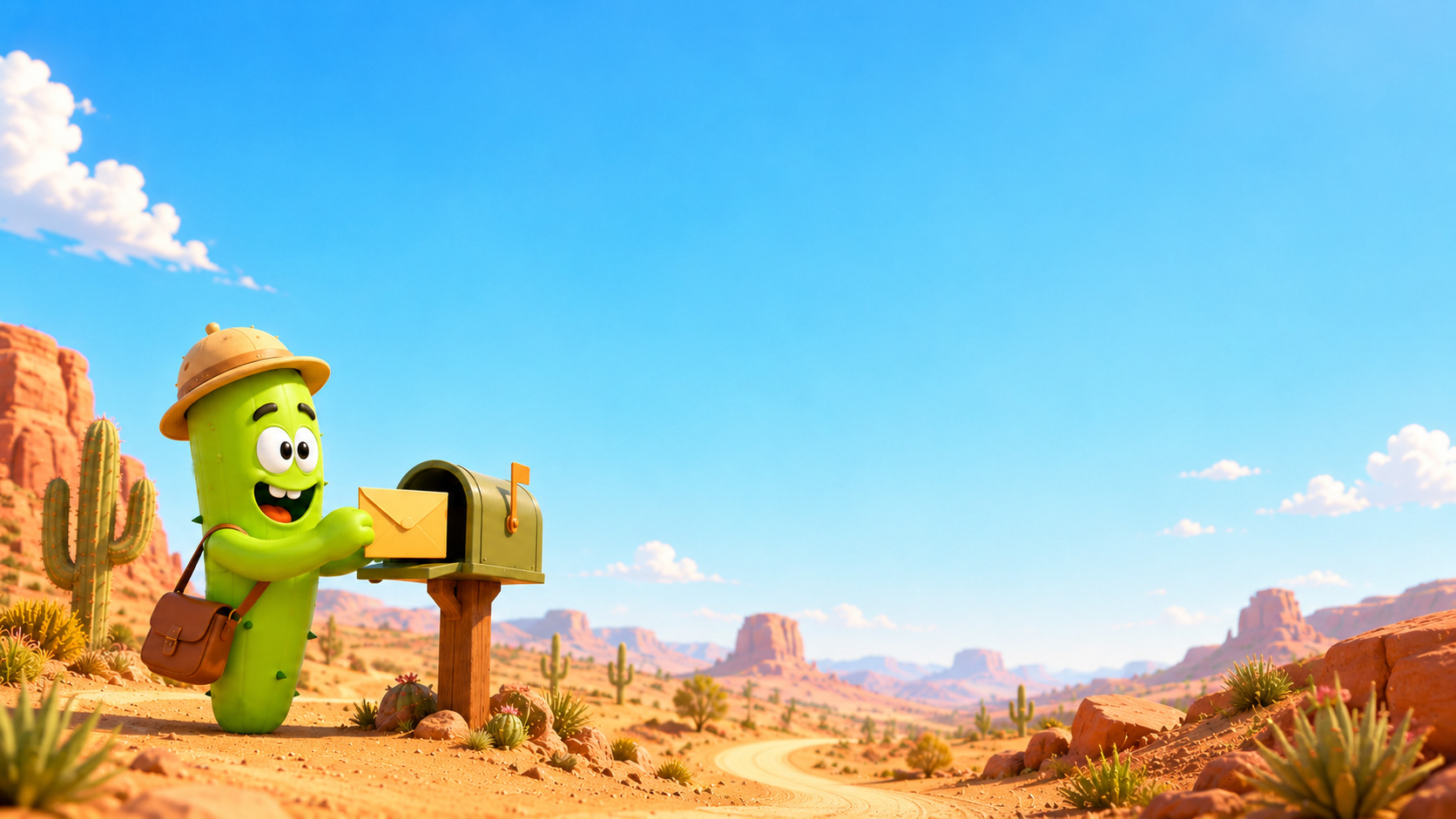MOCA character delivering a message across a desert road